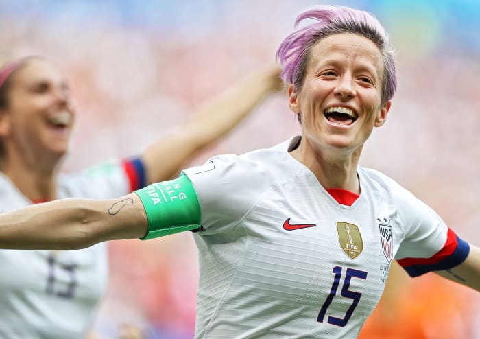 USWNT star Megan Rapinoe celebrates after scoring goal vs Netherlands in the 2019 Women's World Cup final.